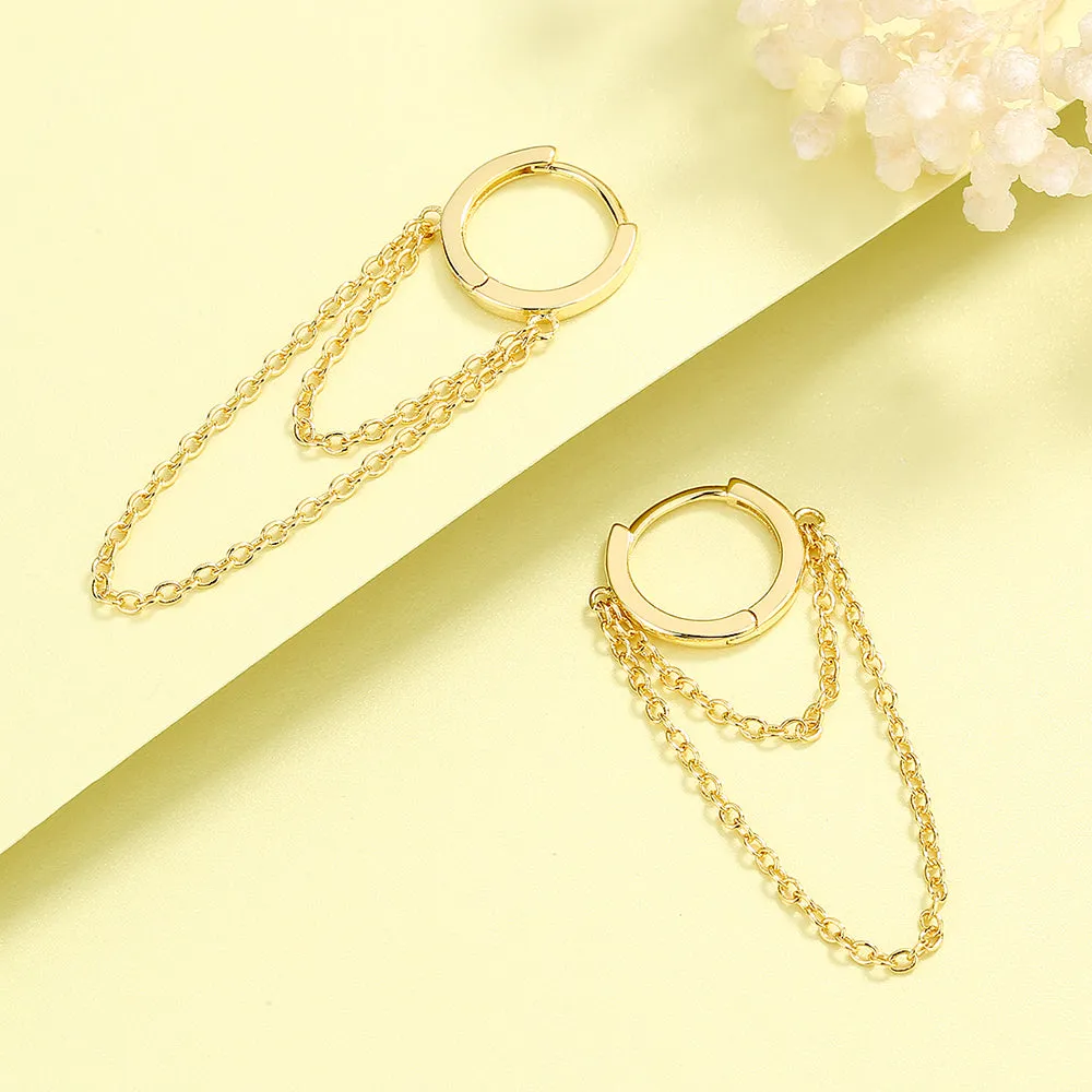 14k Gold Plated Huggie Hoop Double Chain Earring